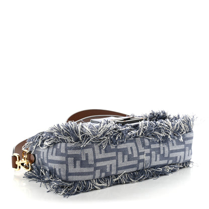 Fendi Denim Vitello Fringe FF Embroidered Baguette Myrtle Dark Nut 3 of 10