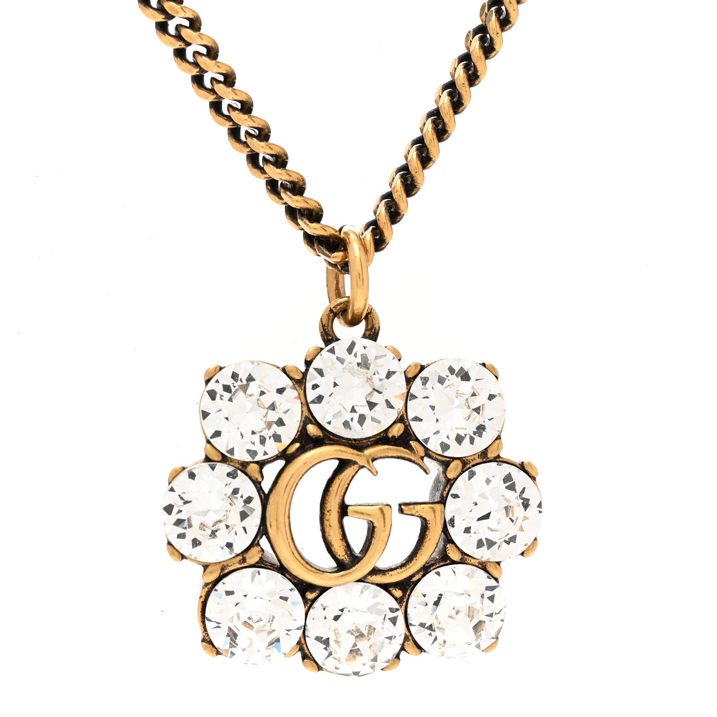 GUCCI Crystal Embellished Double G Necklace Aged Gold