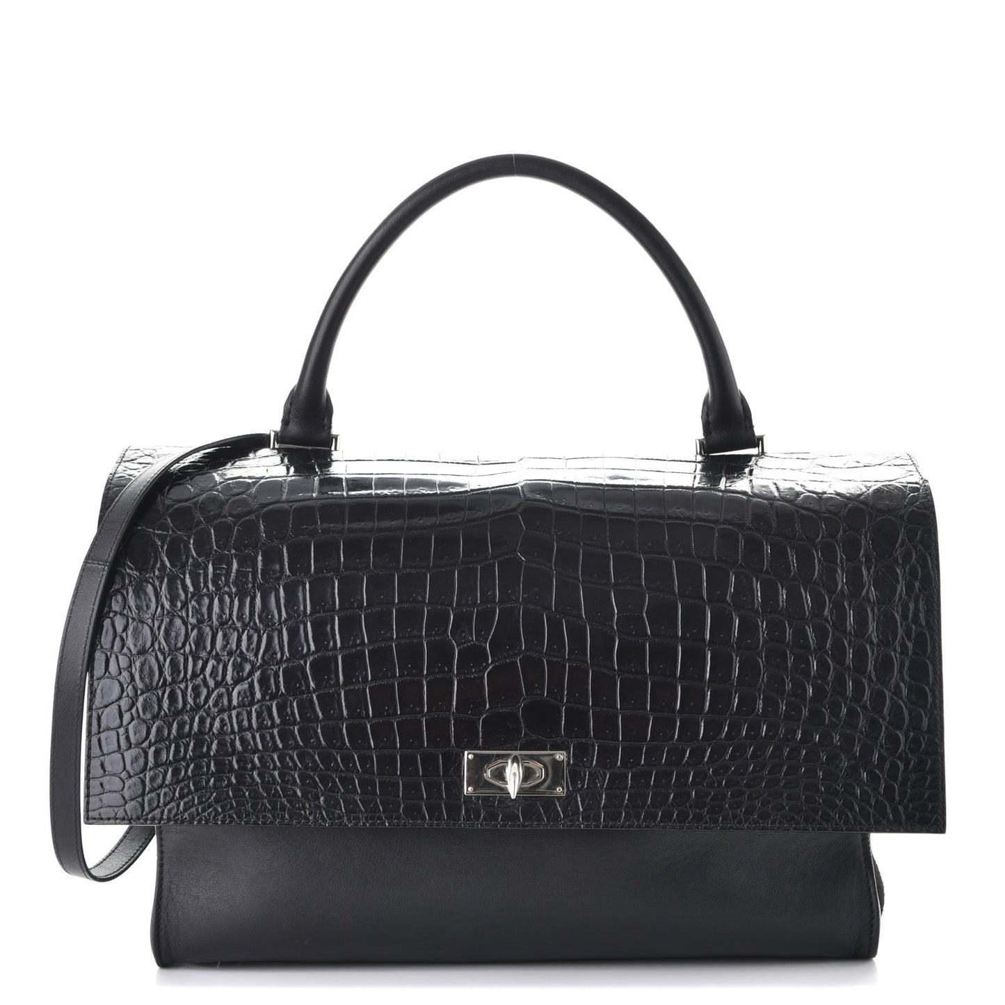 Calfskin Crocodile Embossed Medium Shark Lock Satchel Black