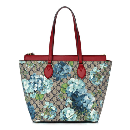 Gucci GG Supreme Monogram Blooms Medium Zippered Bucket Tote Beige Blue Navy Hibiscus Red 1 of 13