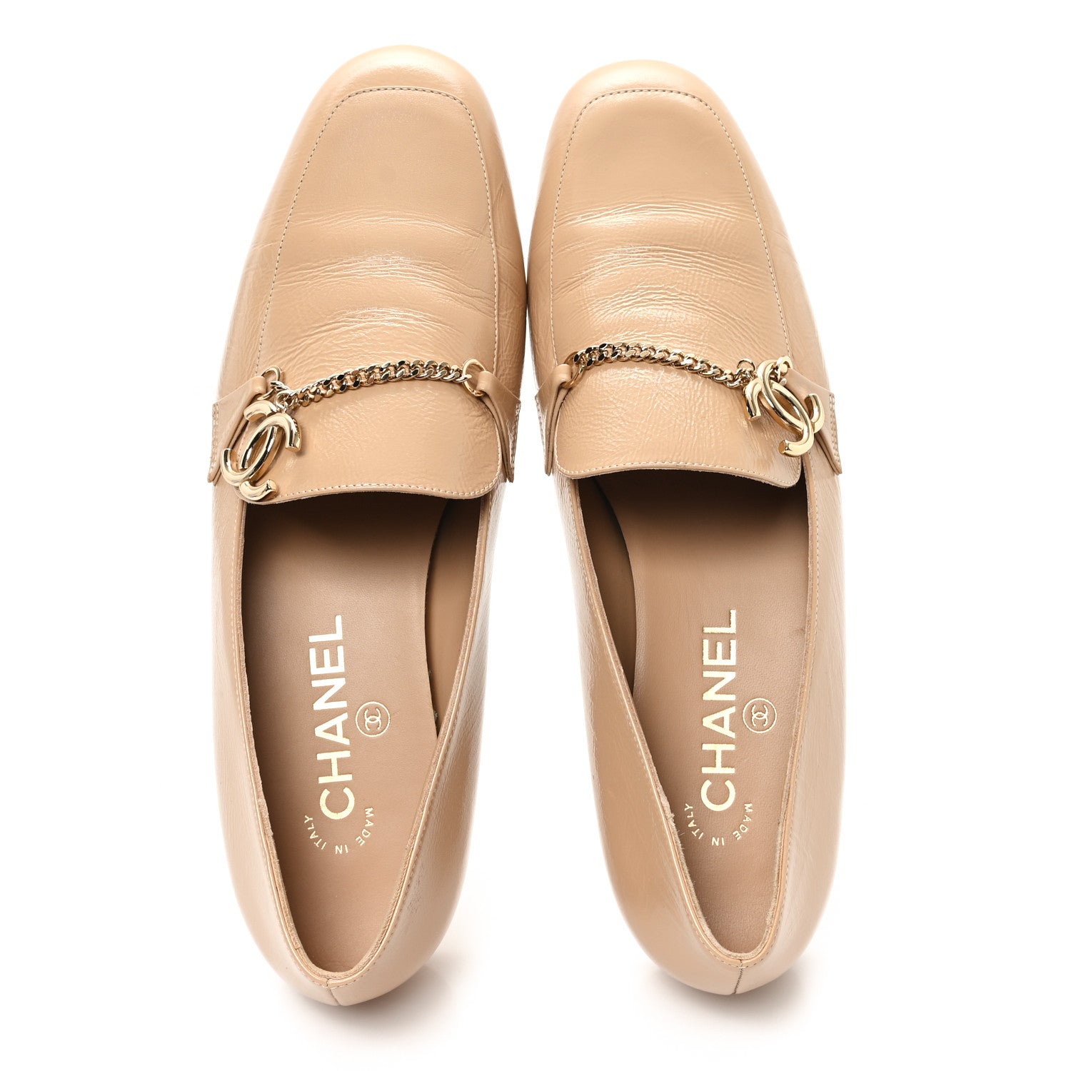 Chanel Crinkled Calfskin Chain CC Mocassin Loafers 39 Beige