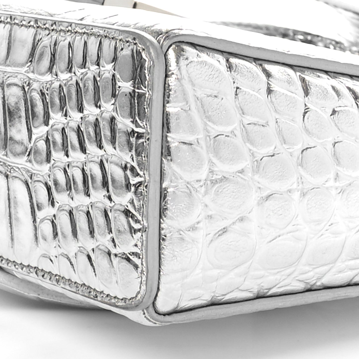 Metallic Calfskin Croc Embossed Small Cut Out Shoulder Bag Silver
