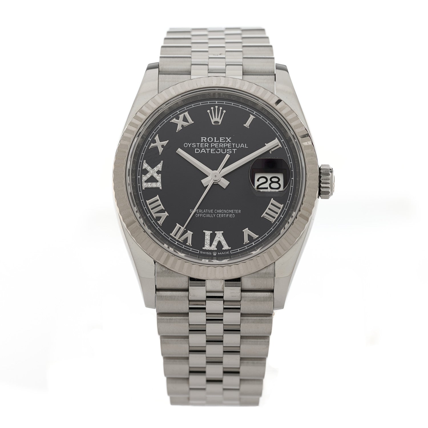 Rolex Stainless Steel 18K White Gold Diamond 36mm Oyster Perpetual Datejust Watch Aubergine Roman 126234 1 of 5