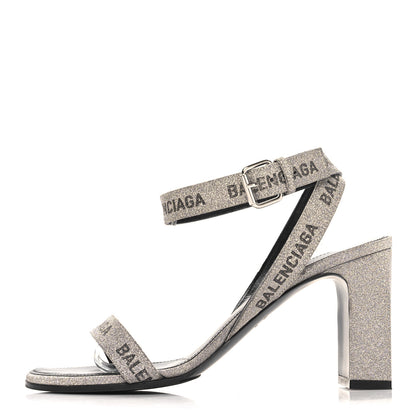 Balenciaga Glitter Allover Logo Ankle Strap Round Heel 80mm Sandals 38 Silver Black 1 of 9