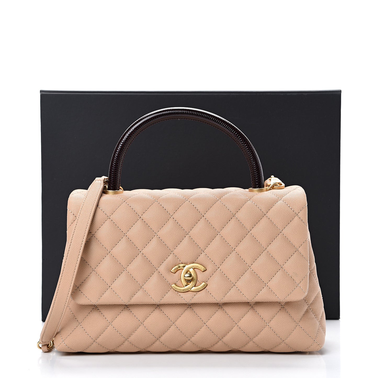 Caviar Lizard Embossed Quilted Small Coco Handle Flap Beige