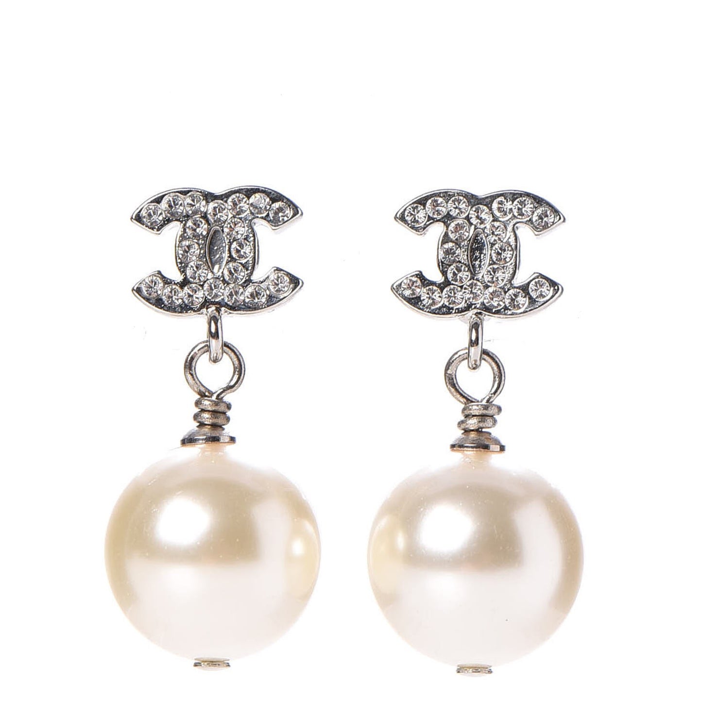 Crystal Pearl CC Drop Earrings Silver
