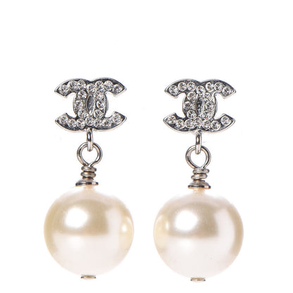 Chanel Crystal Pearl CC Drop Earrings Silver 1 of 6