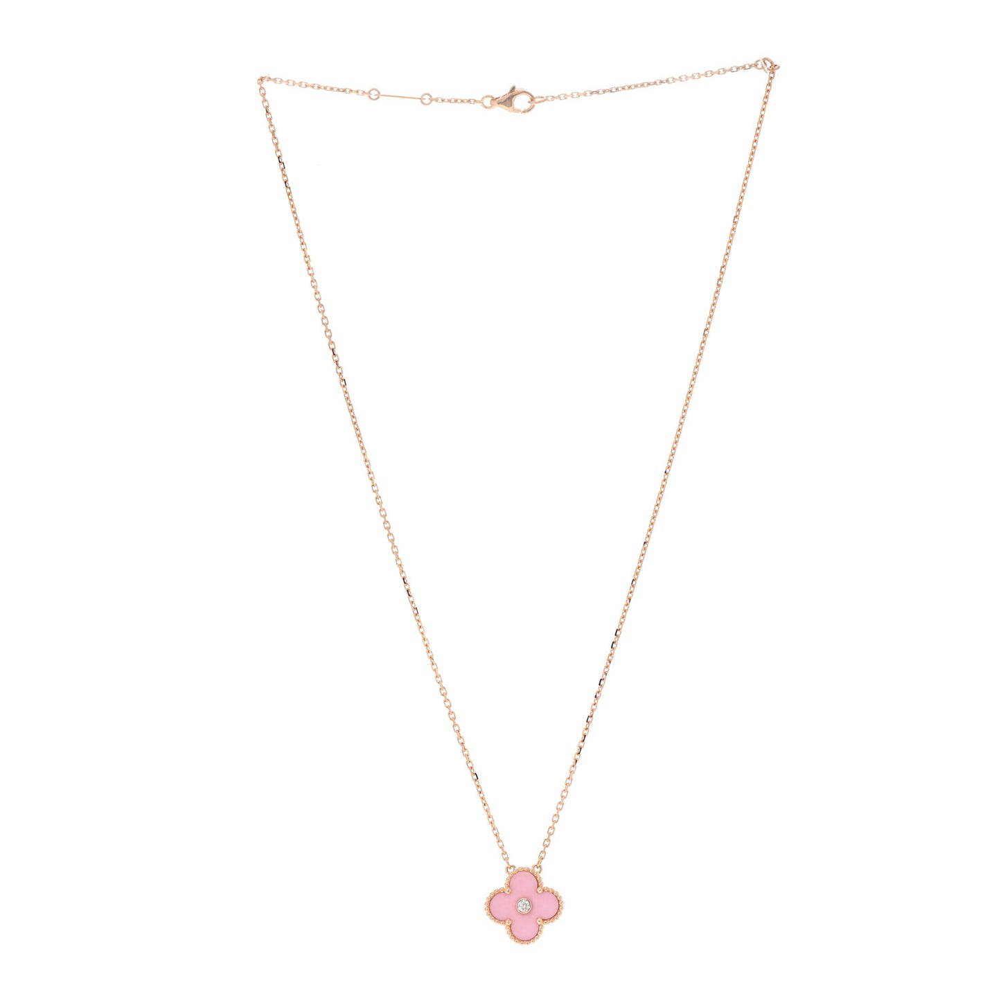 18K Rose Gold Diamond Pink Porcelain Vintage Alhambra Pendant Necklace