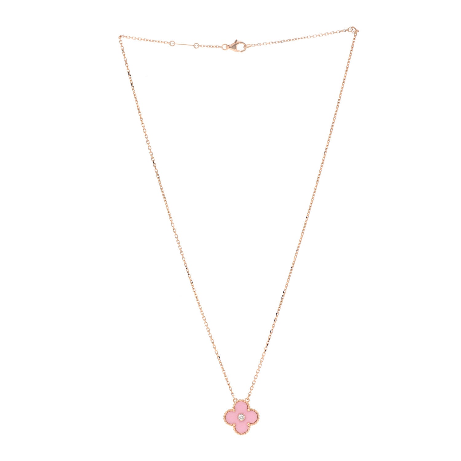 Van Cleef & Arpels 18K Rose Gold Diamond Pink Porcelain Vintage Alhambra Pendant Necklace 3 of 7