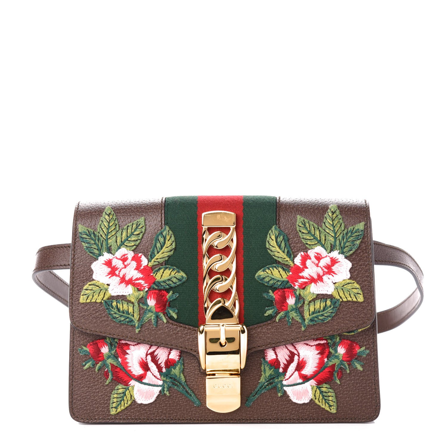 Gucci Calfskin Embroidered Sylvie Belt Bag 85 34 Brown 1 of 11