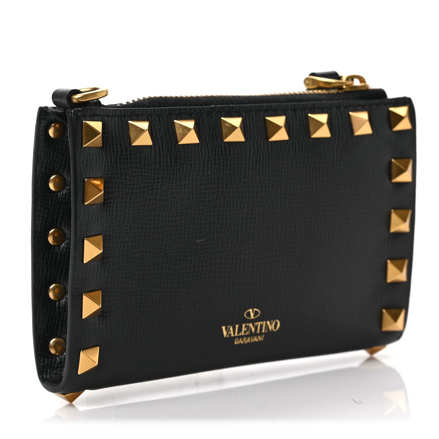 Grainy Calfskin Rockstud Allover Alcove Coin Case Card Holder Black