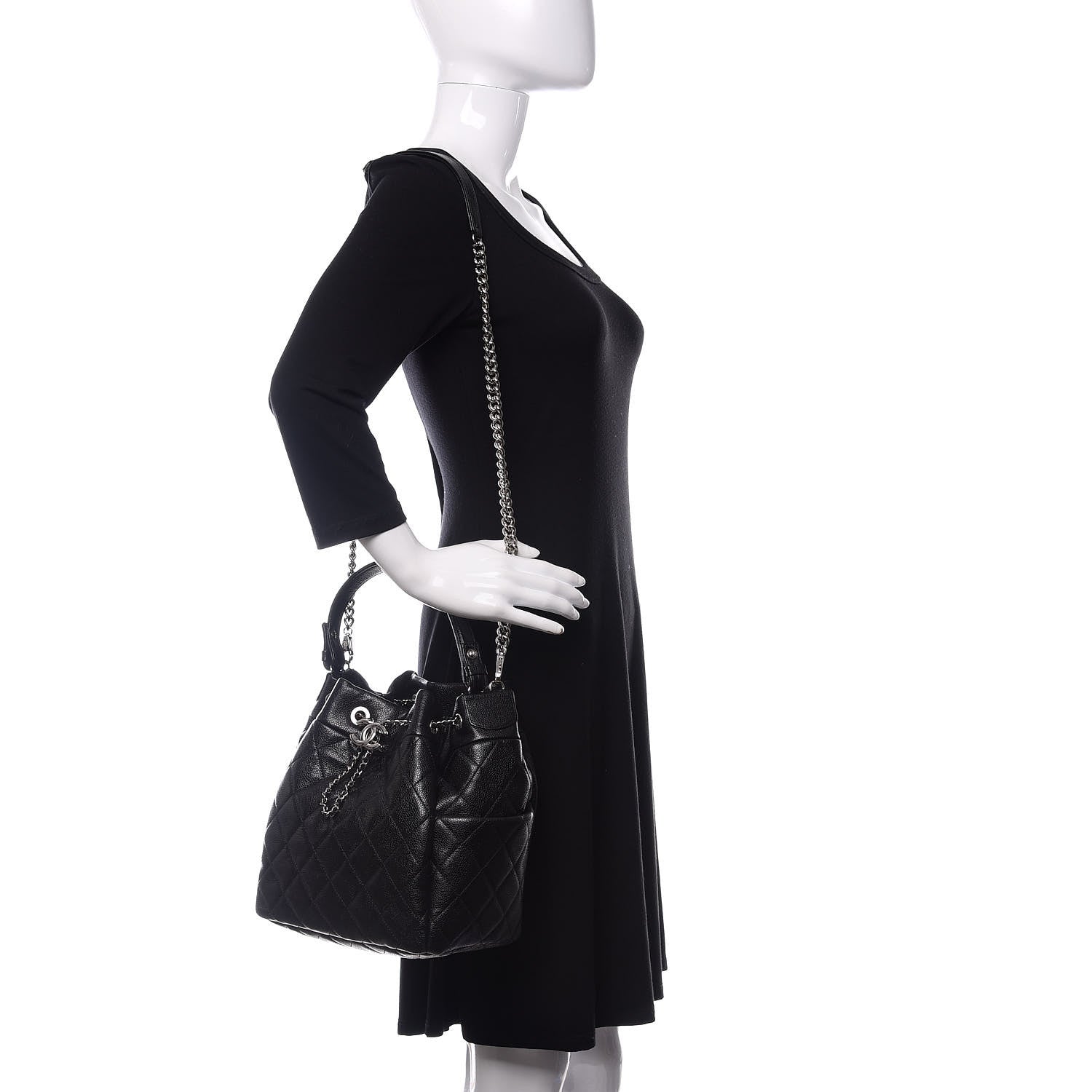 Chanel Grained Calfskin Quilted Medium CC Chain Bucket Drawstring Bag Black 2 of 13