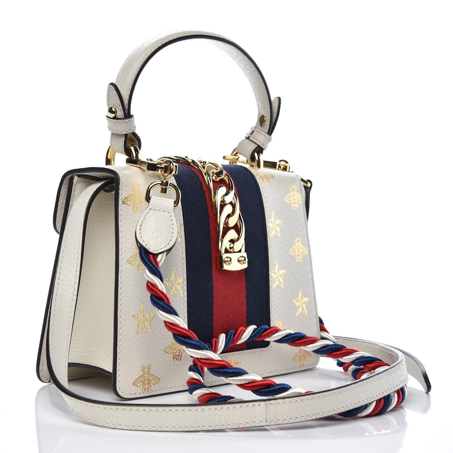 Gucci Textured Calfskin Bee Star Print Mini Sylvie Top Handle Bag Mystic White 3 of 7