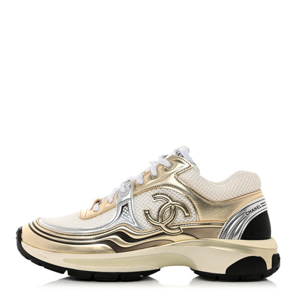 Chanel Nylon Metallic Lambskin CC Sneakers 37.5 White Gold 1 of 9