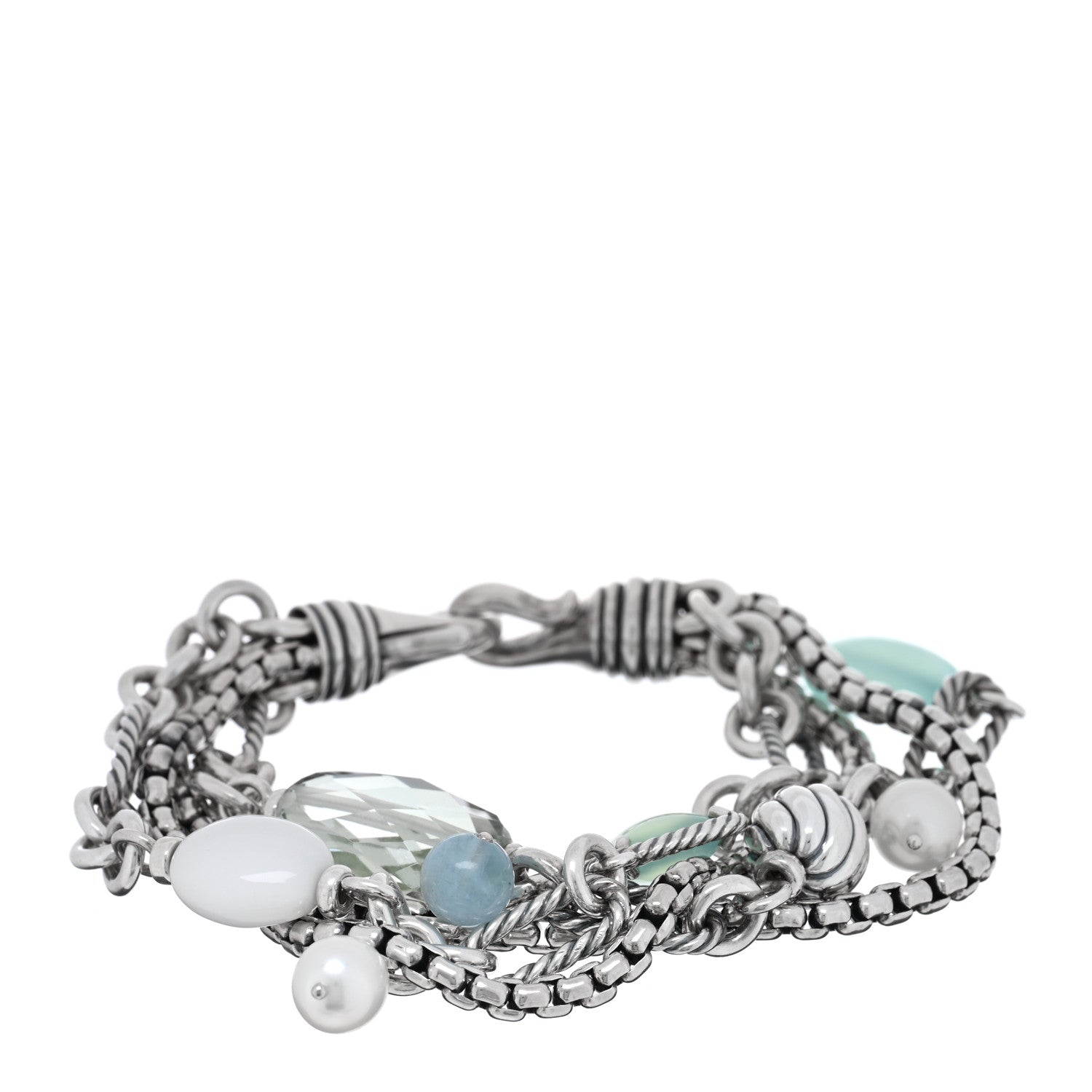 David Yurman Sterling Silver Aquamarine Chalcedony Pearl Prasiolite White Agate Multi Chain Bracelet 1 of 3
