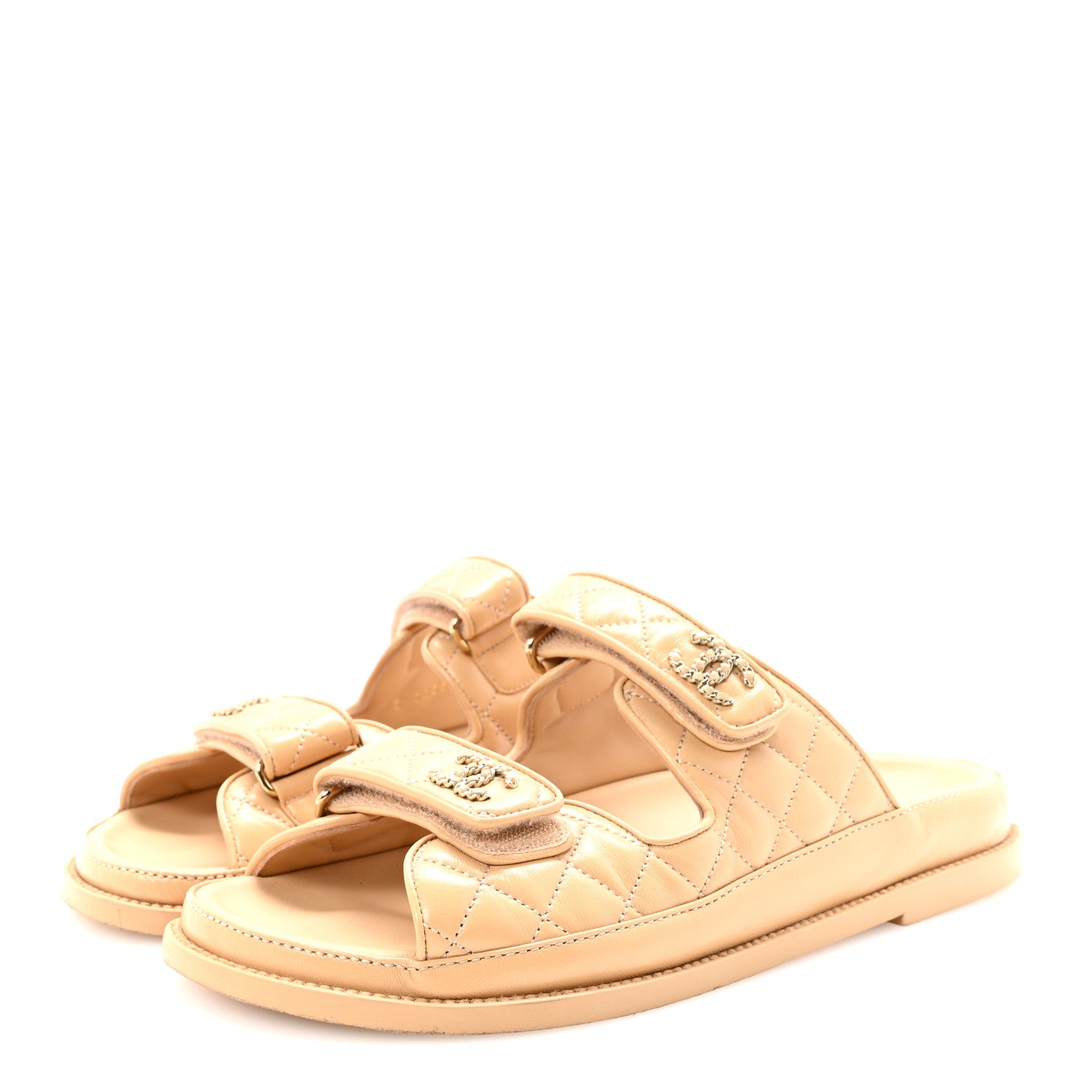 Chanel Lambskin Quilted Velcro Dad Chain CC Slide Sandals 39.5 Beige 4 of 10