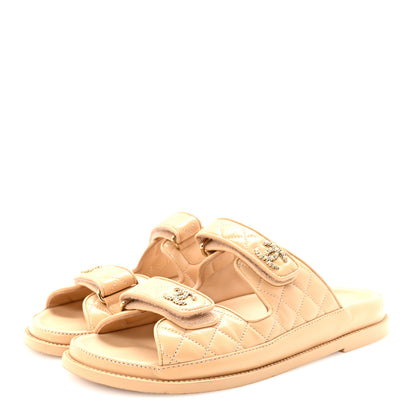 Chanel Lambskin Quilted Velcro Dad Chain CC Slide Sandals 39.5 Beige 4 of 10