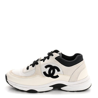 Chanel Mesh Suede Calfskin Grained Calfskin Womens CC Sneakers 38.5 White Black 1 of 10