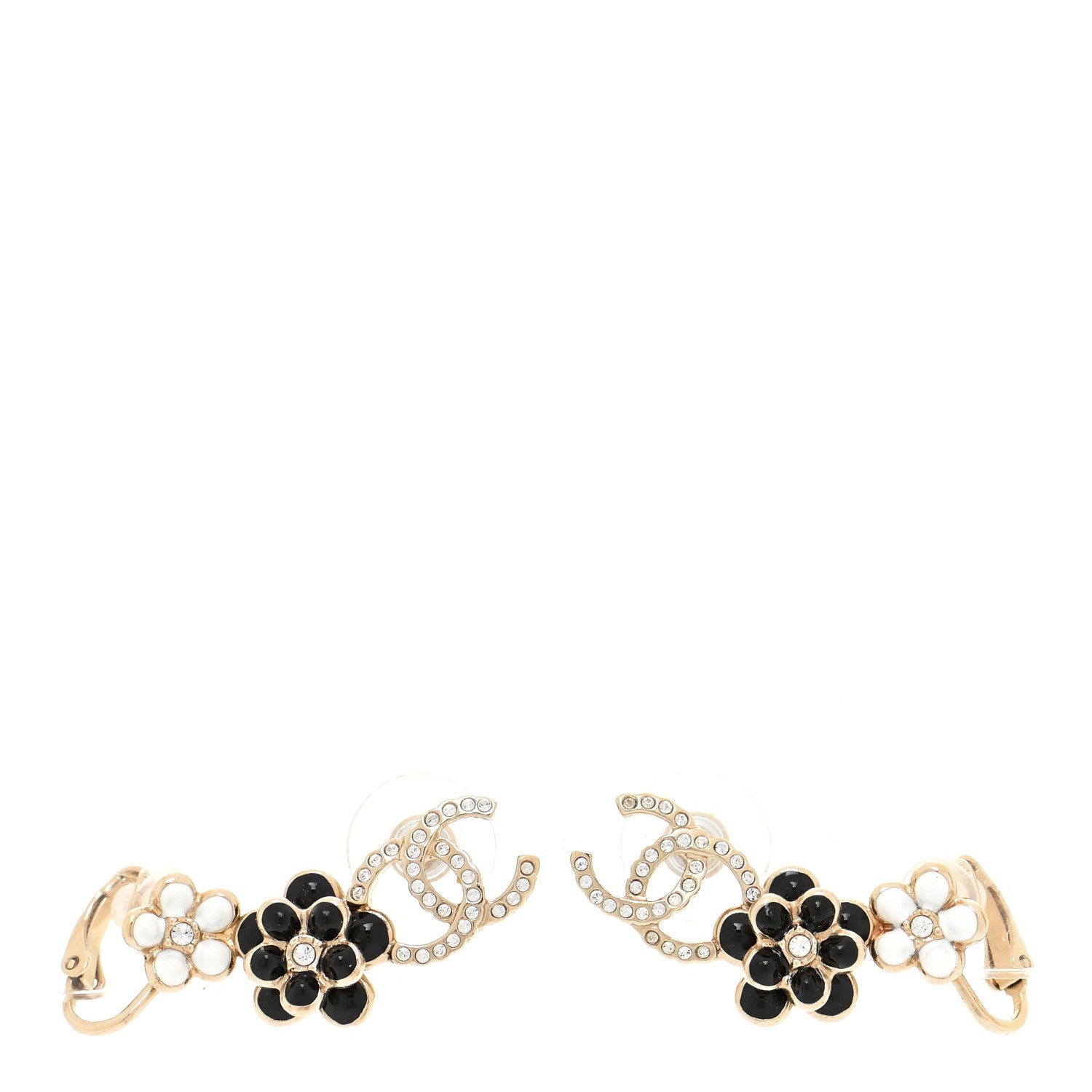 Chanel Crystal Enamel Flower CC Earrings Gold White Black 1 of 6