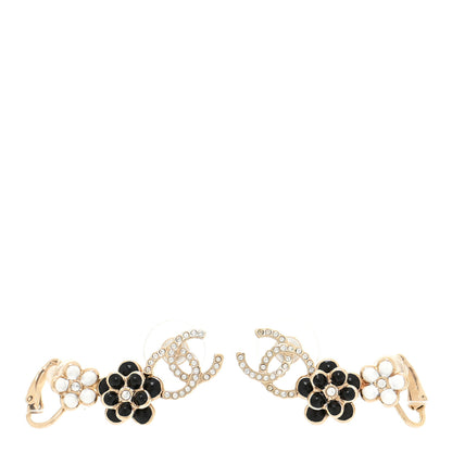 Chanel Crystal Enamel Flower CC Earrings Gold White Black 1 of 6