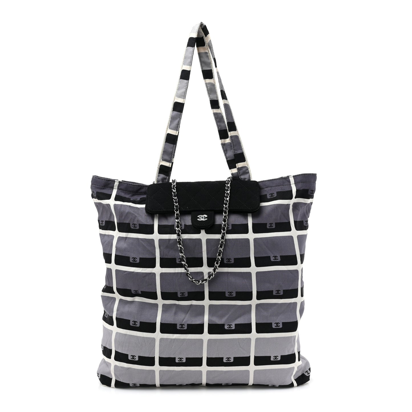 Jersey Fabric Quilted Foldable Tote With Chain Black Multicolor