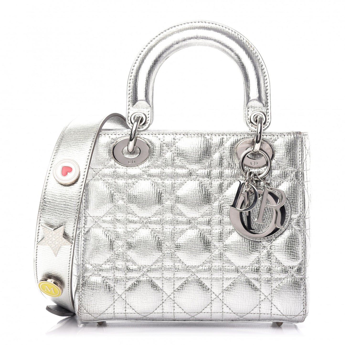 Metallic Grained Calfskin Cannage Small Lucky Badges My Lady Dior Silver