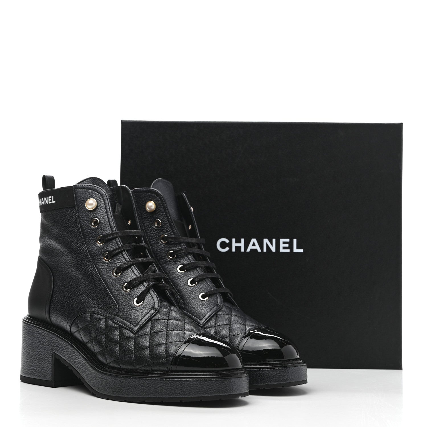 Chanel Pearly Calfskin Patent Calfskin Lace Up Combat Boots 40 Black 9 of 9