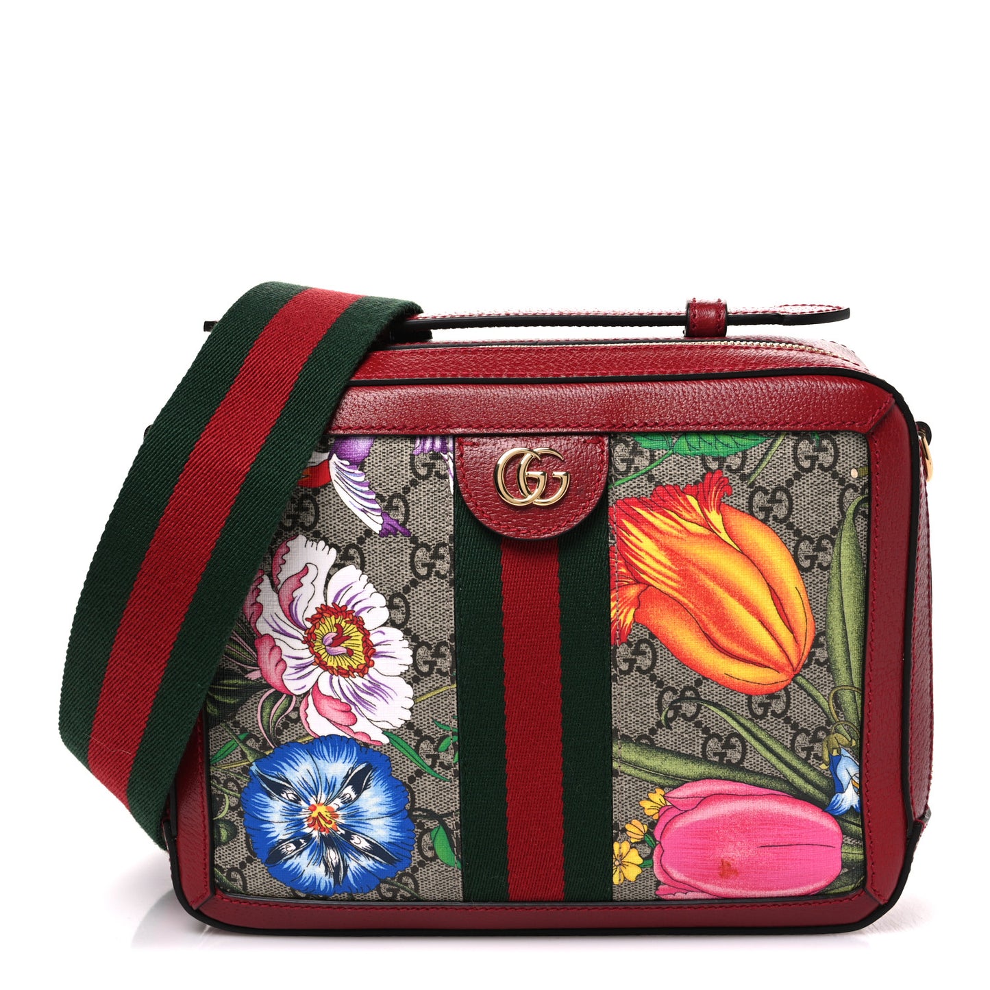 GG Supreme Monogram Flora Web Small Ophidia Top Handle Shoulder Bag Hibiscus Red