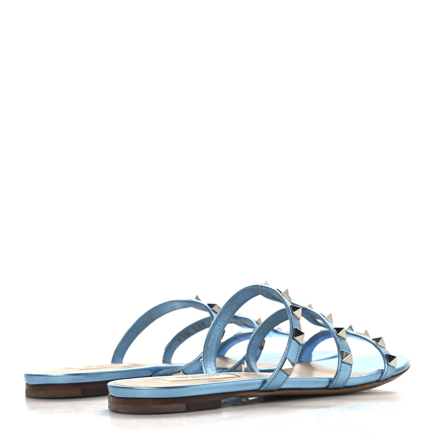 Valentino Garavani Metallic Nappa Rockstud Caged Flat Slide Sandals 37 Cerulean 5 of 11