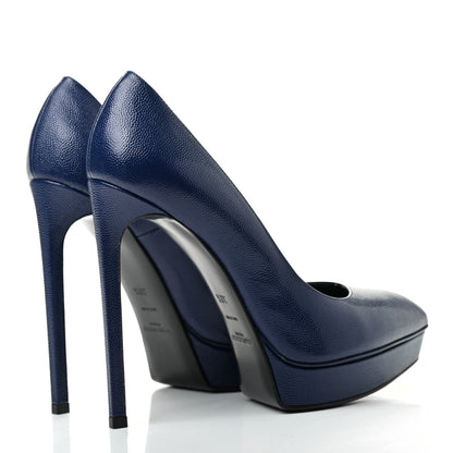 Saint Laurent Pebbled Patent Calfskin Janis 105 Platform Pumps 38.5 Blue 4 of 8