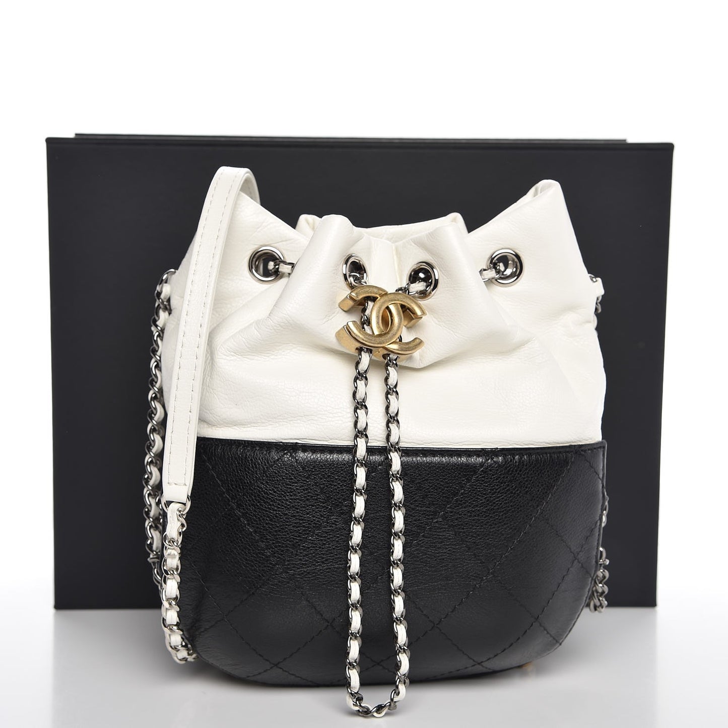 Aged Calfskin Quilted Small Gabrielle Bucket White Black
