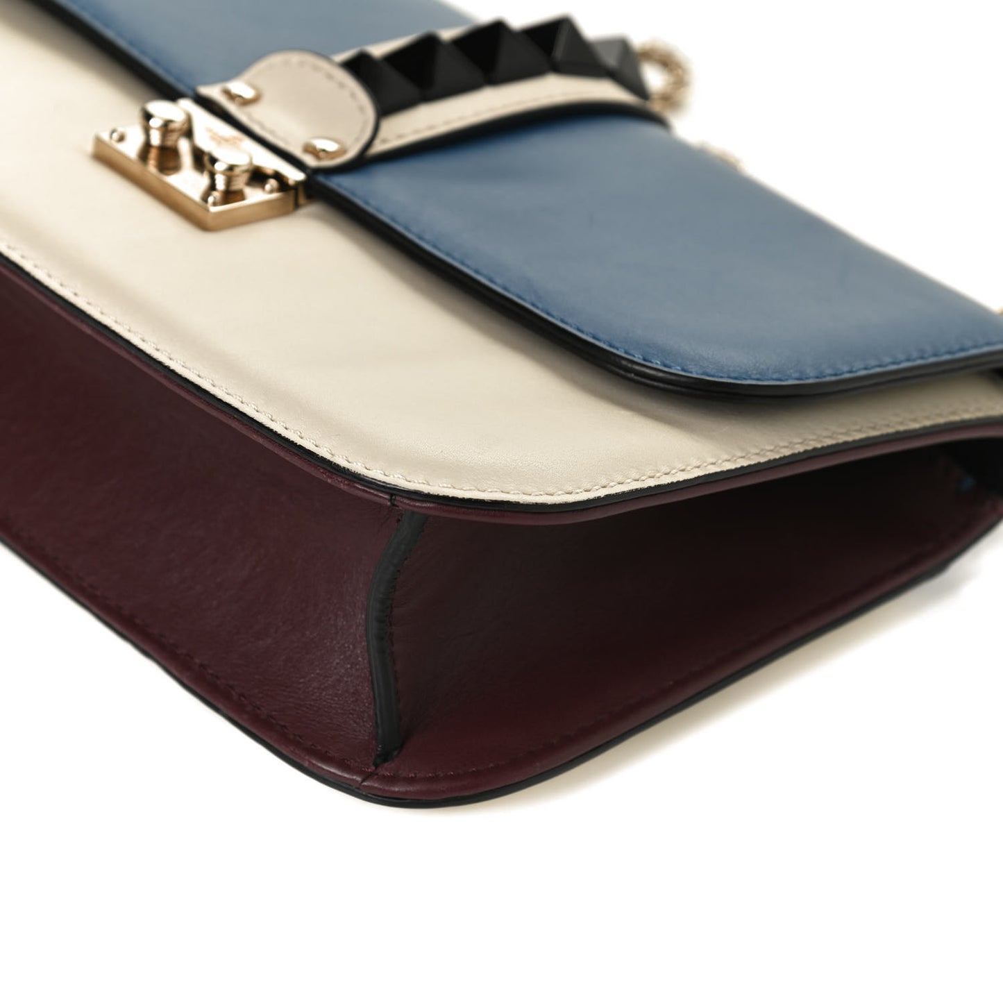 Vitello Tri-Color Medium Glam Lock Rockstud Flap Blue White Burgundy
