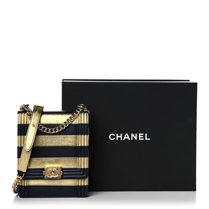 Chanel Metallic Lambskin Striped North South Boy Flap Navy Gold 11 of 11