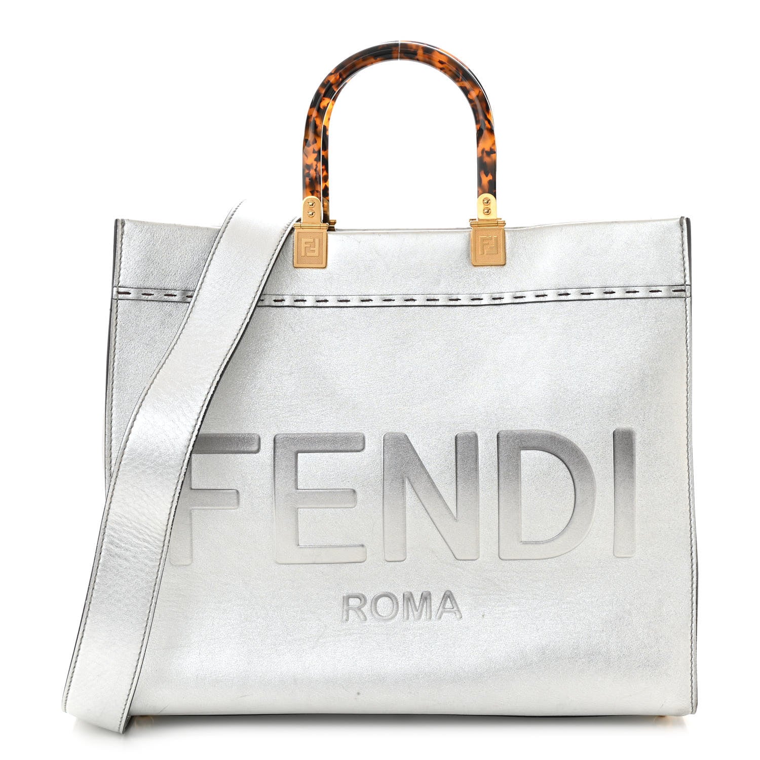 Fendi Vitello Catalan Mirror Plexiglass Logo Embossed Medium Fendi Sunshine Shopper Tote Argento 1 of 12