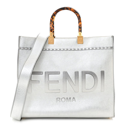 Fendi Vitello Catalan Mirror Plexiglass Logo Embossed Medium Fendi Sunshine Shopper Tote Argento 1 of 12