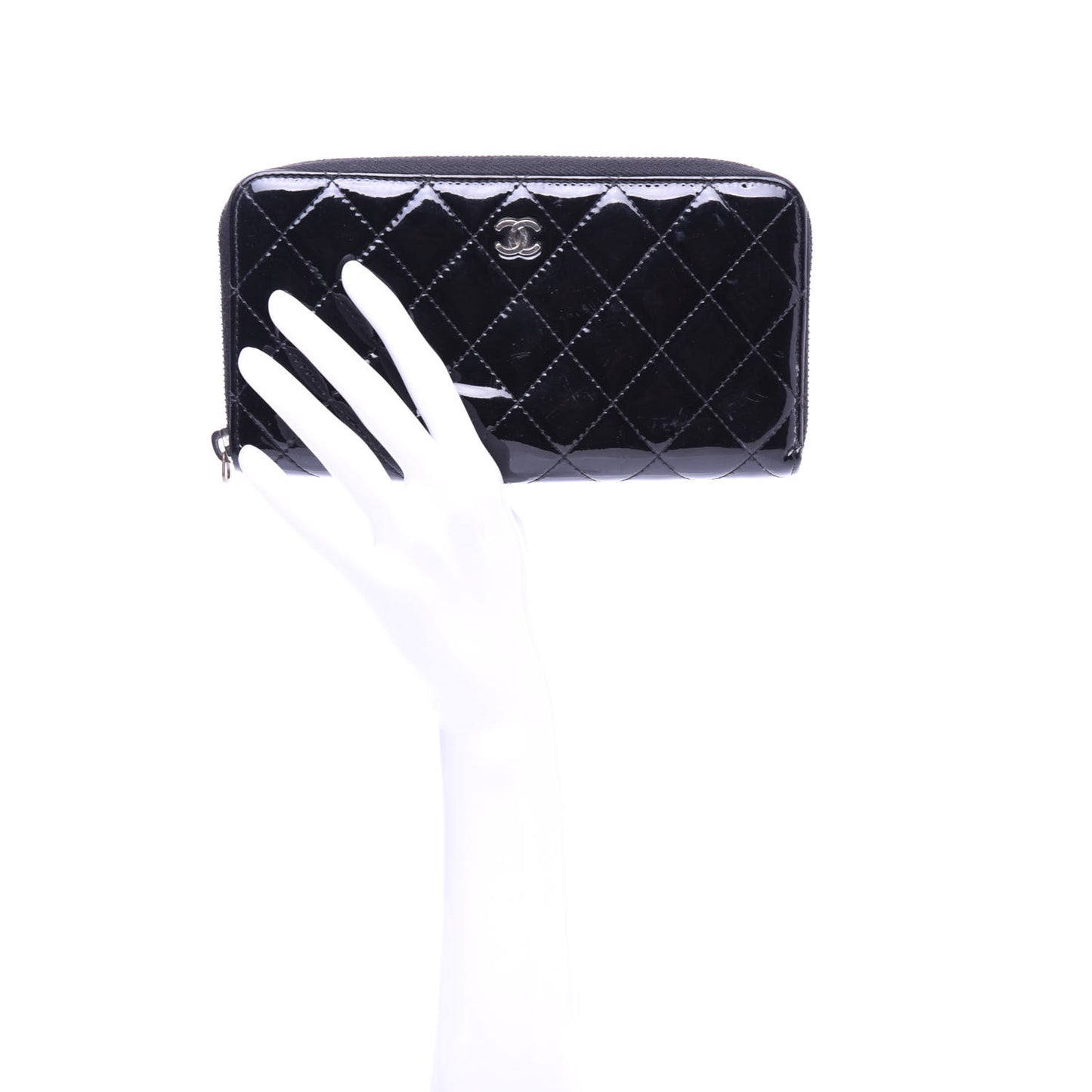 Patent Quilted Zip Around Wallet Black