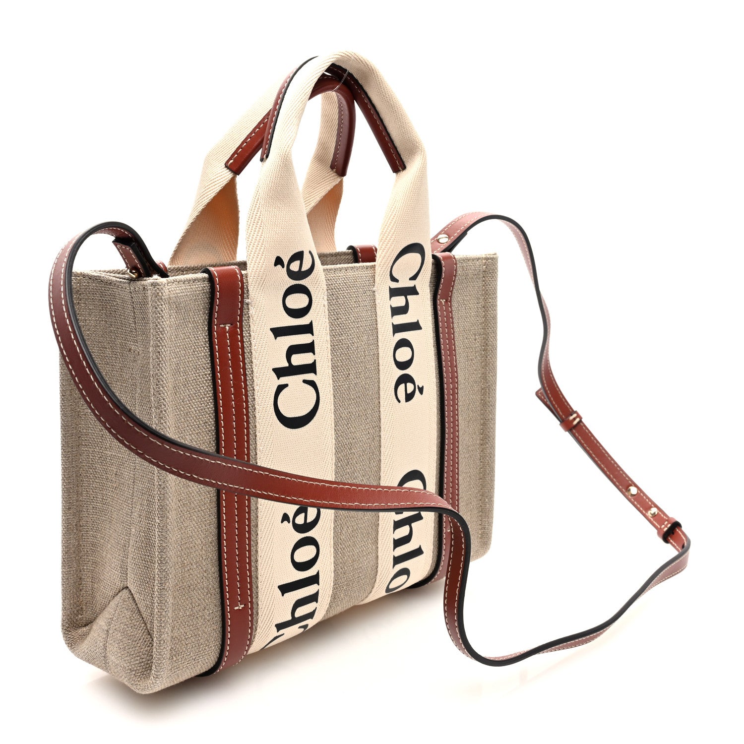 Chloe Linen Calfskin Small Woody Ribbon Tote With Strap White Brown 3 of 9