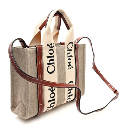 Chloe Linen Calfskin Small Woody Ribbon Tote With Strap White Brown 3 of 9