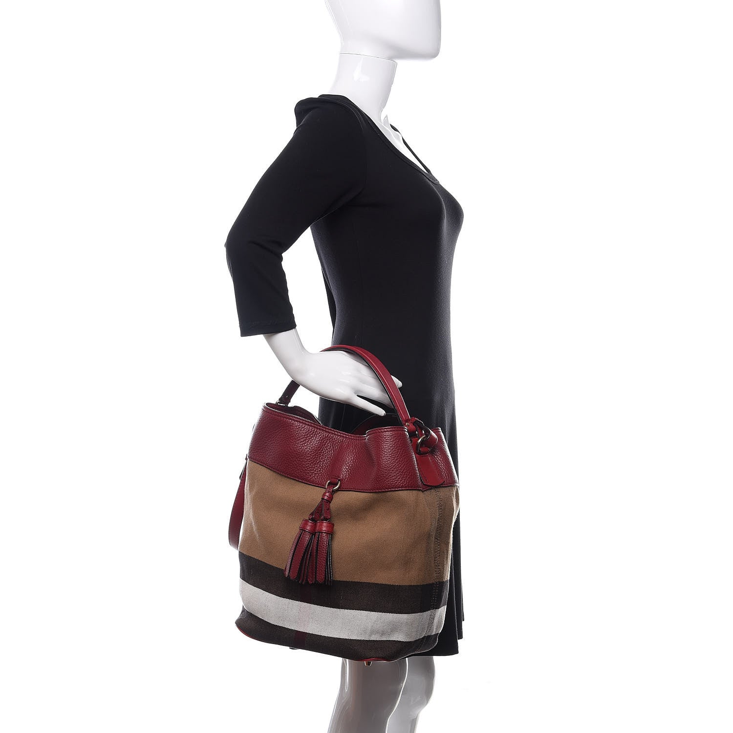 Burberry Grainy Calfskin Canvas Mega Check Medium Ashby Tassel Hobo Burgundy Red 3 of 13