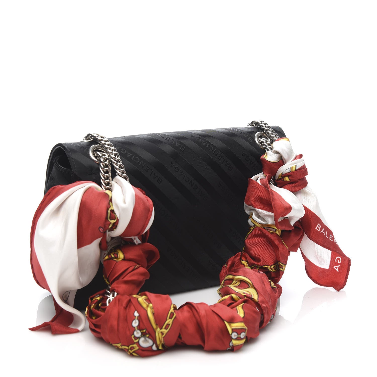 Balenciaga Nylon Jacquard Diagonal Logo Medium Scarf Lock Chain Shoulder Bag Black Red 3 of 9