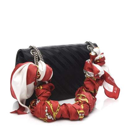 Balenciaga Nylon Jacquard Diagonal Logo Medium Scarf Lock Chain Shoulder Bag Black Red 3 of 9