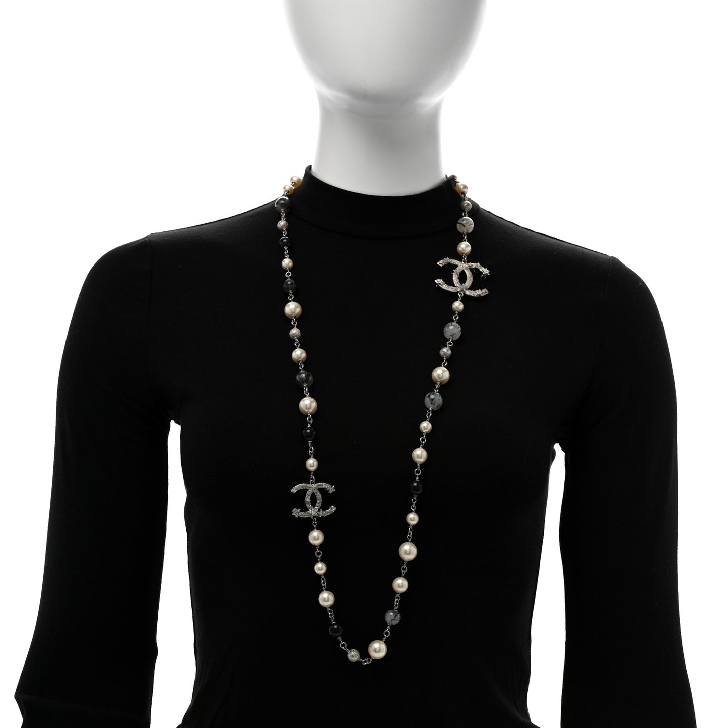 Pearl Beaded Star CC Long Necklace Silver
