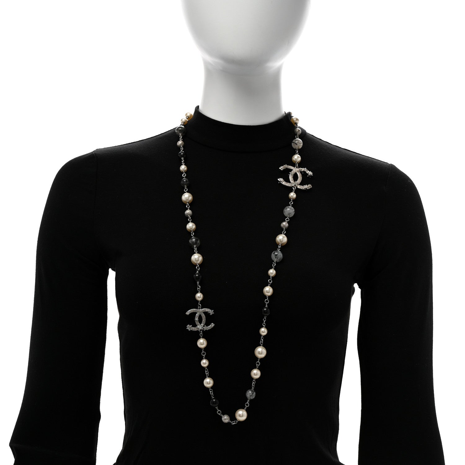 Chanel Pearl Beaded Star CC Long Necklace Silver 2 of 6