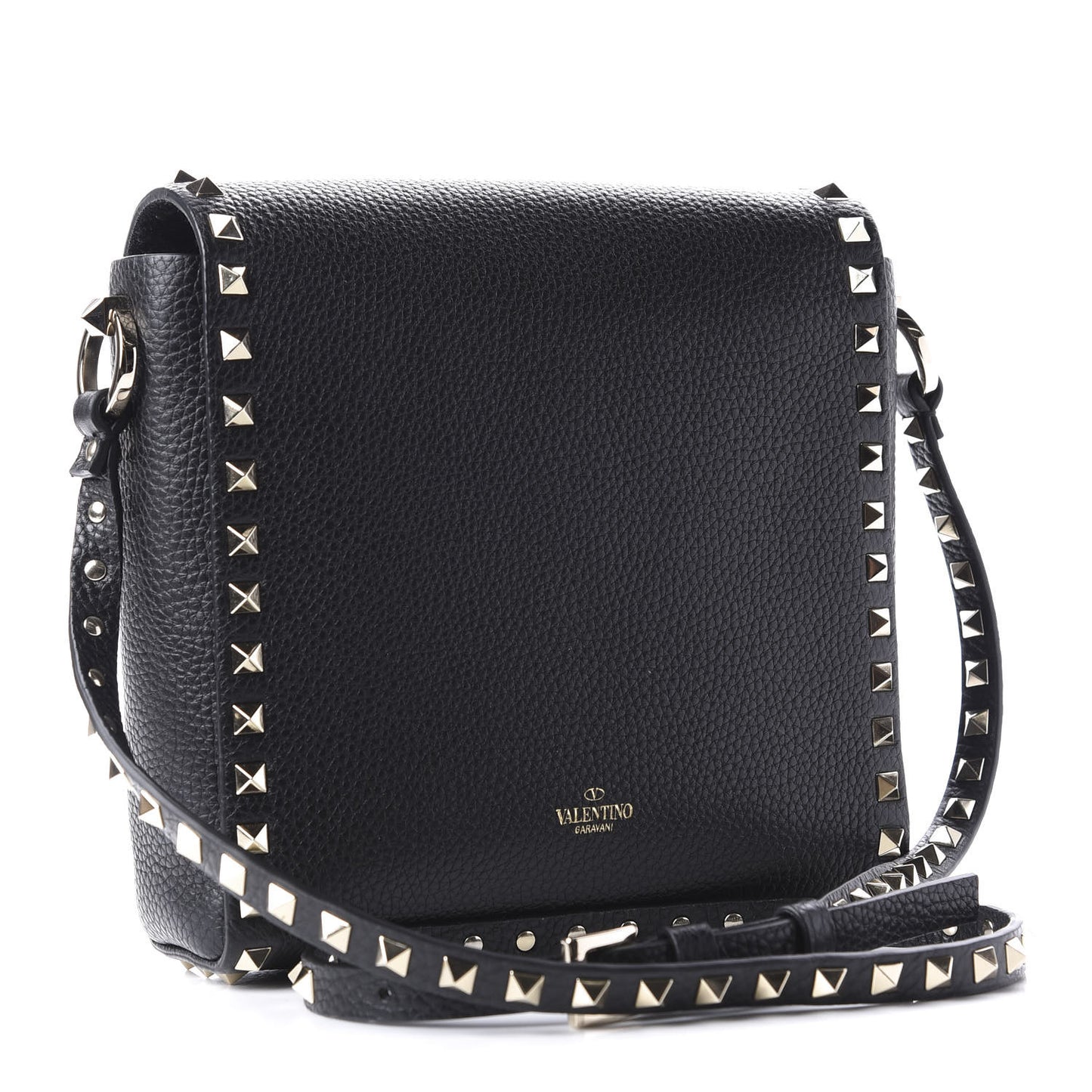 Pebbled Calfskin Rockstud Flip Lock Flap Messenger Black