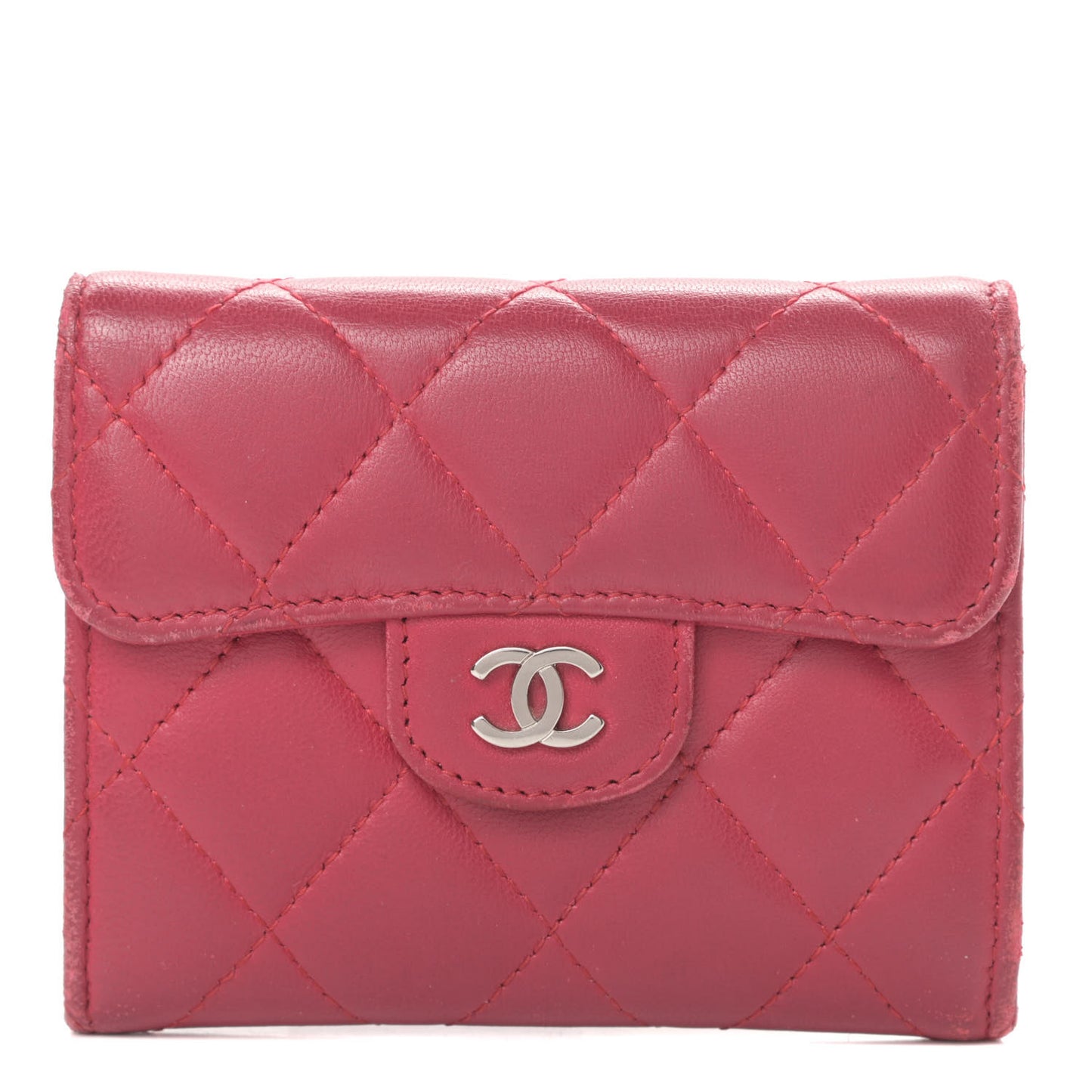 Lambskin Quilted Flap Card Holder Wallet Dark Pink