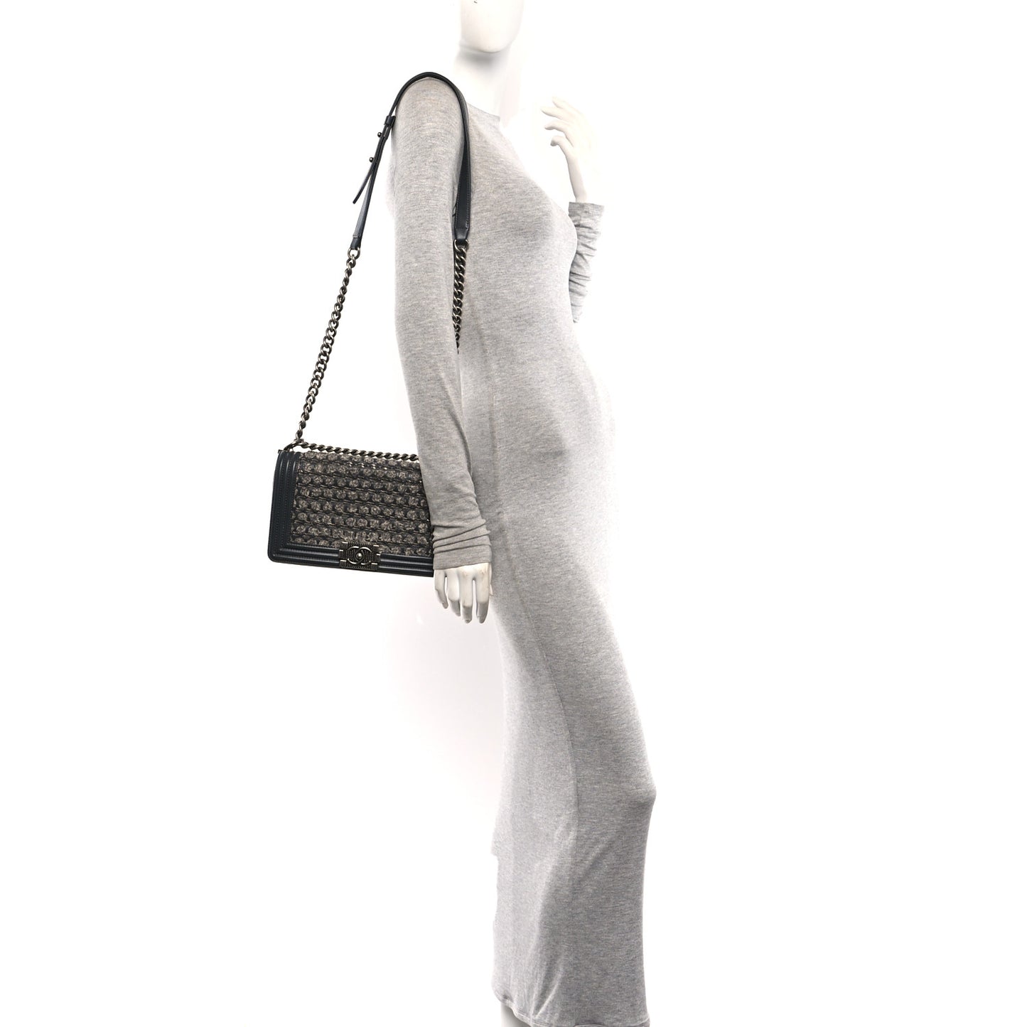 Tweed Calfskin Medium Boy Flap Grey