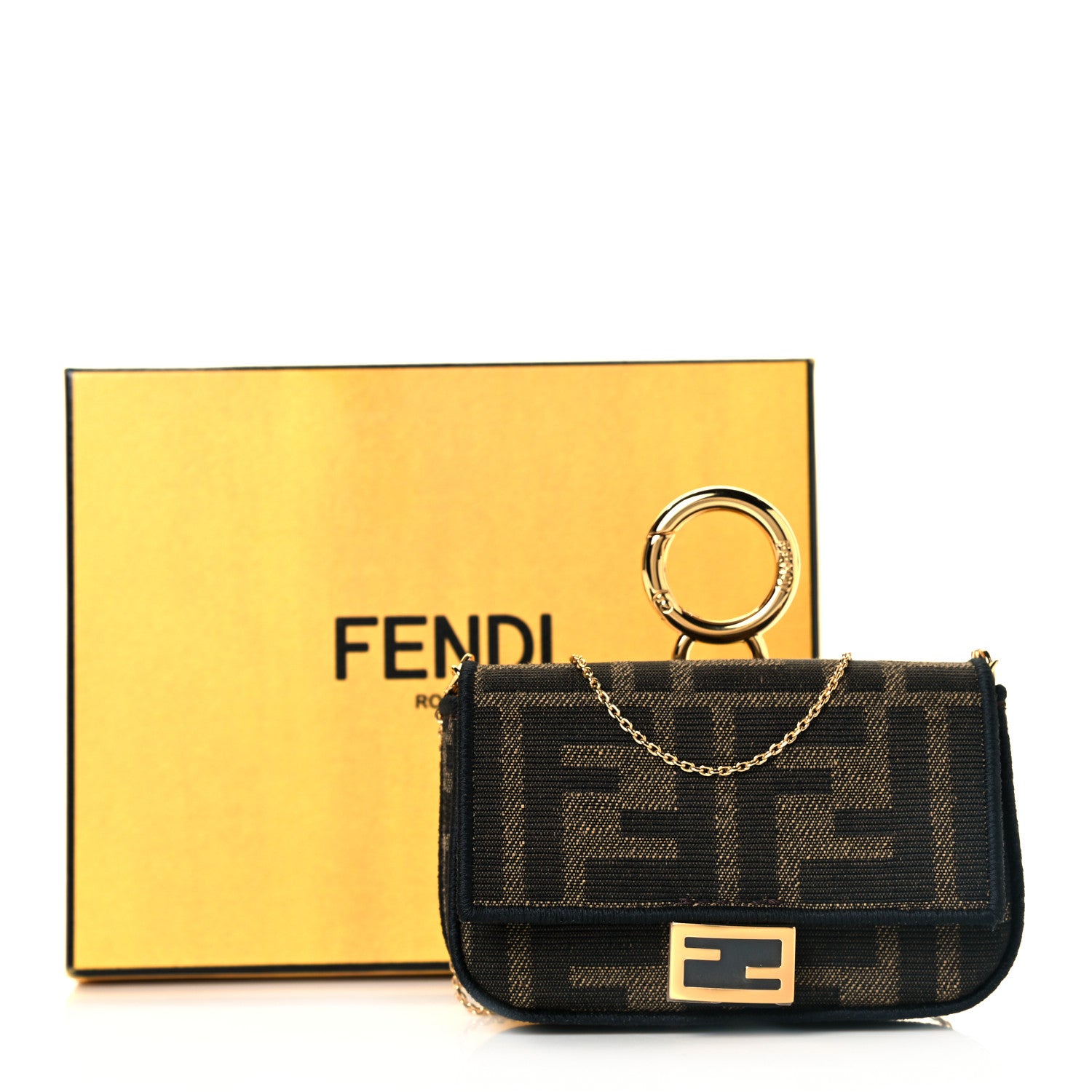 Fendi Fabric Jacquard FF 1974 Nano Baguette Charm Tobacco Moro Black 7 of 7