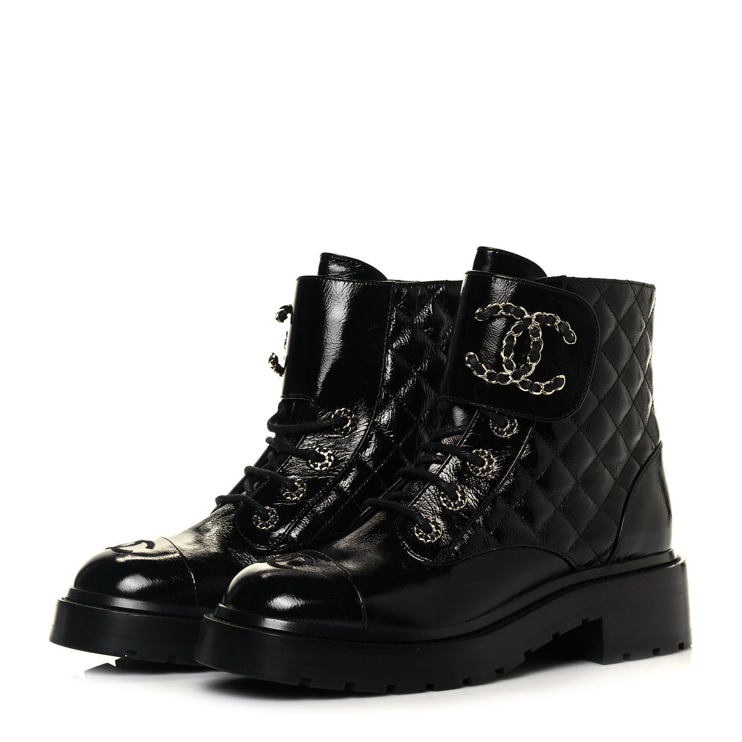 Shiny Calfskin Quilted Lace Up Combat Boots 36.5 Black