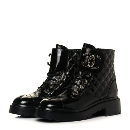 Chanel Shiny Calfskin Quilted Lace Up Combat Boots 36.5 Black 3 of 11