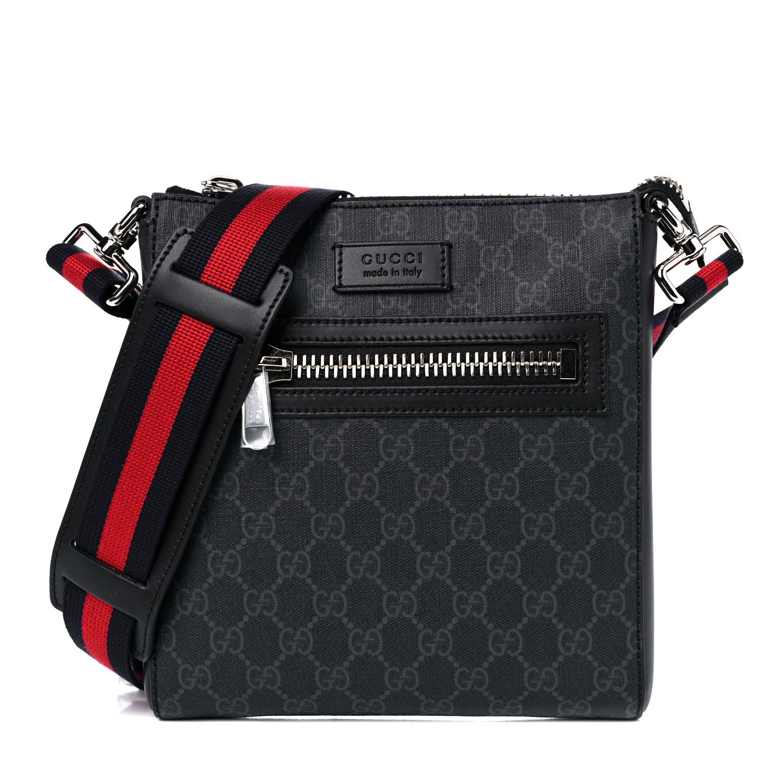 Gucci GG Supreme Monogram Web Small Flat Messenger Bag Black Grey 1 of 9